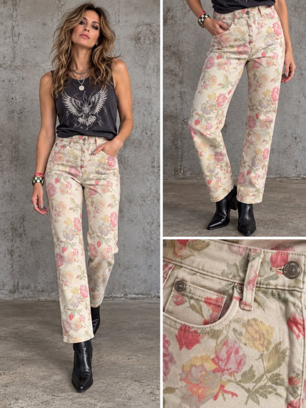The Kooples Cream Pastel Floral Print Straight Leg Jeans EU 38 NWT